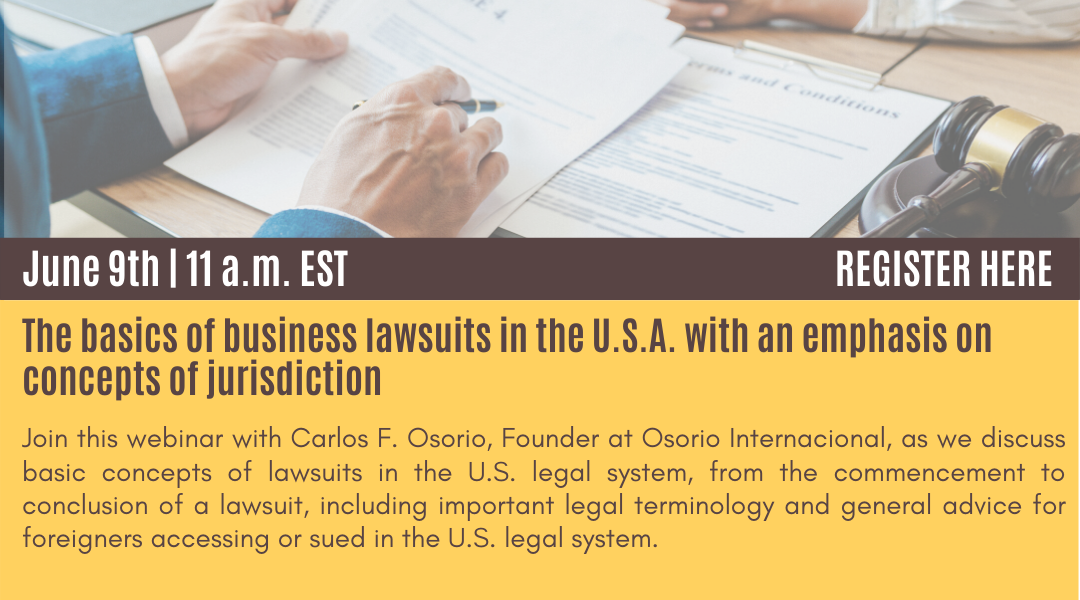 Banner about the webinar the basics of business lawsuits in USA